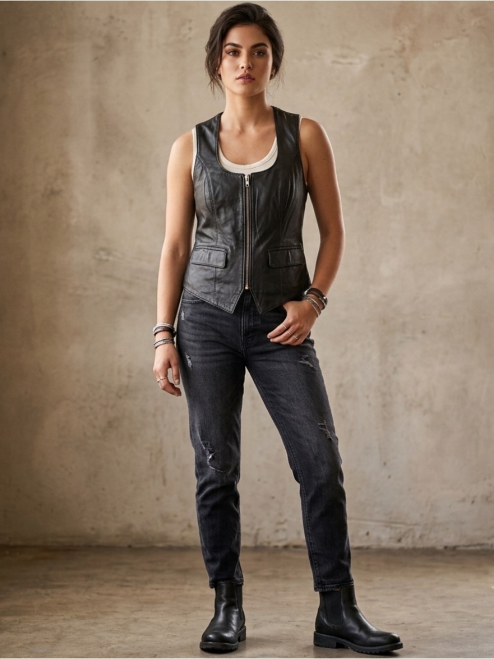 Y2K Leather Biker Vest Black Zip Front CUIR DU MONDE Womens Size S